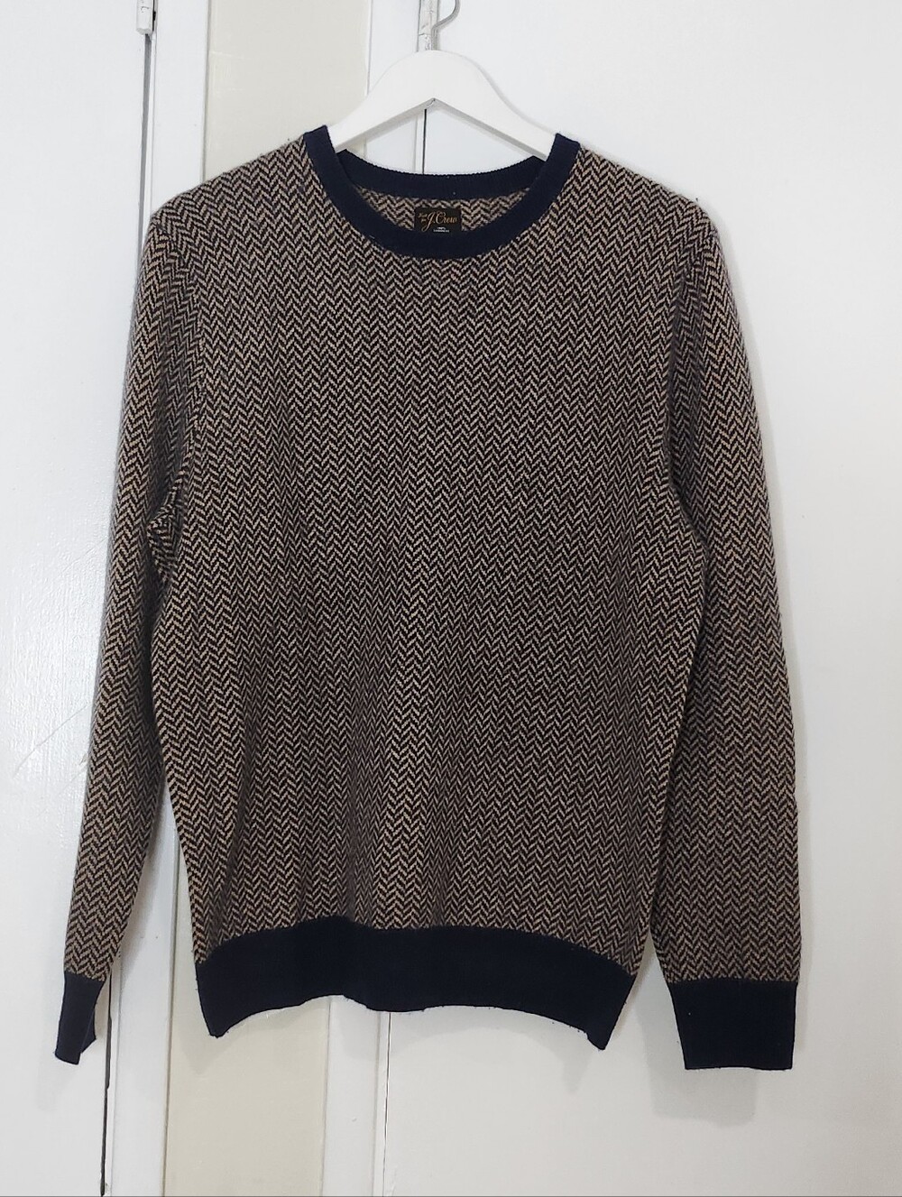 J. Crew Brown Chevron Crewneck with Navy Trim